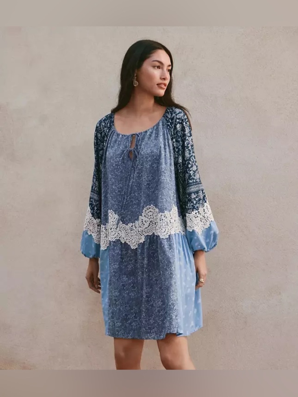 Loft Blue Boho Lace Trim Peasant mini Dress cottage poplin balloon sleeve L cos - Picture 13 of 13